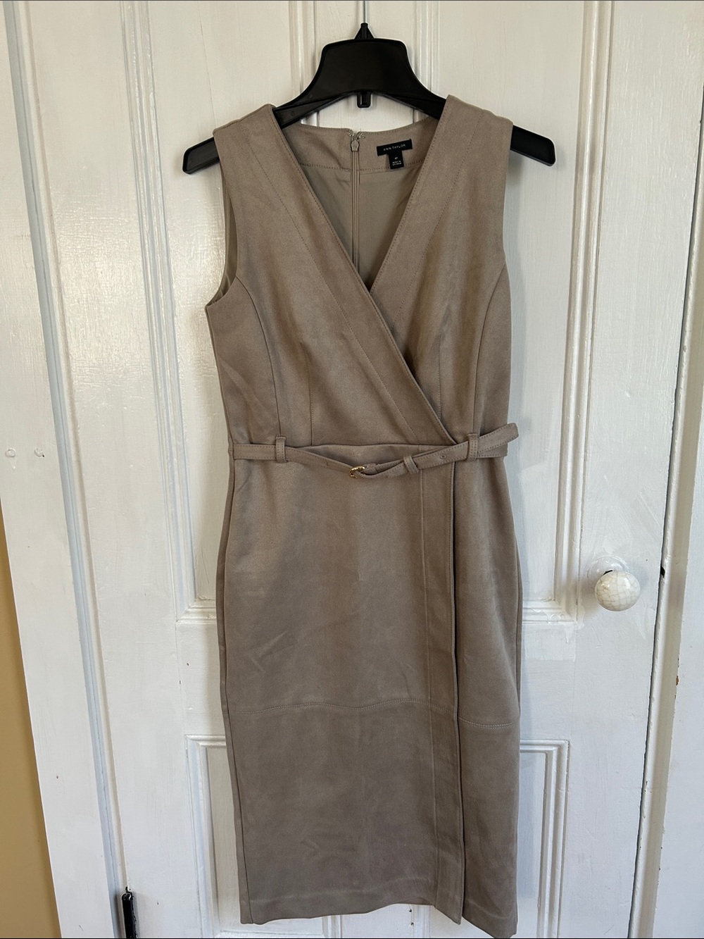 Ann Taylor Taupe Faux-Suede Wrap Midi Dress with Slim Belt